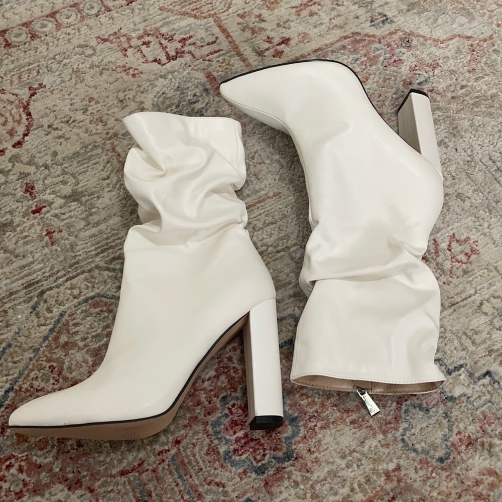 White slouched faux leather boots